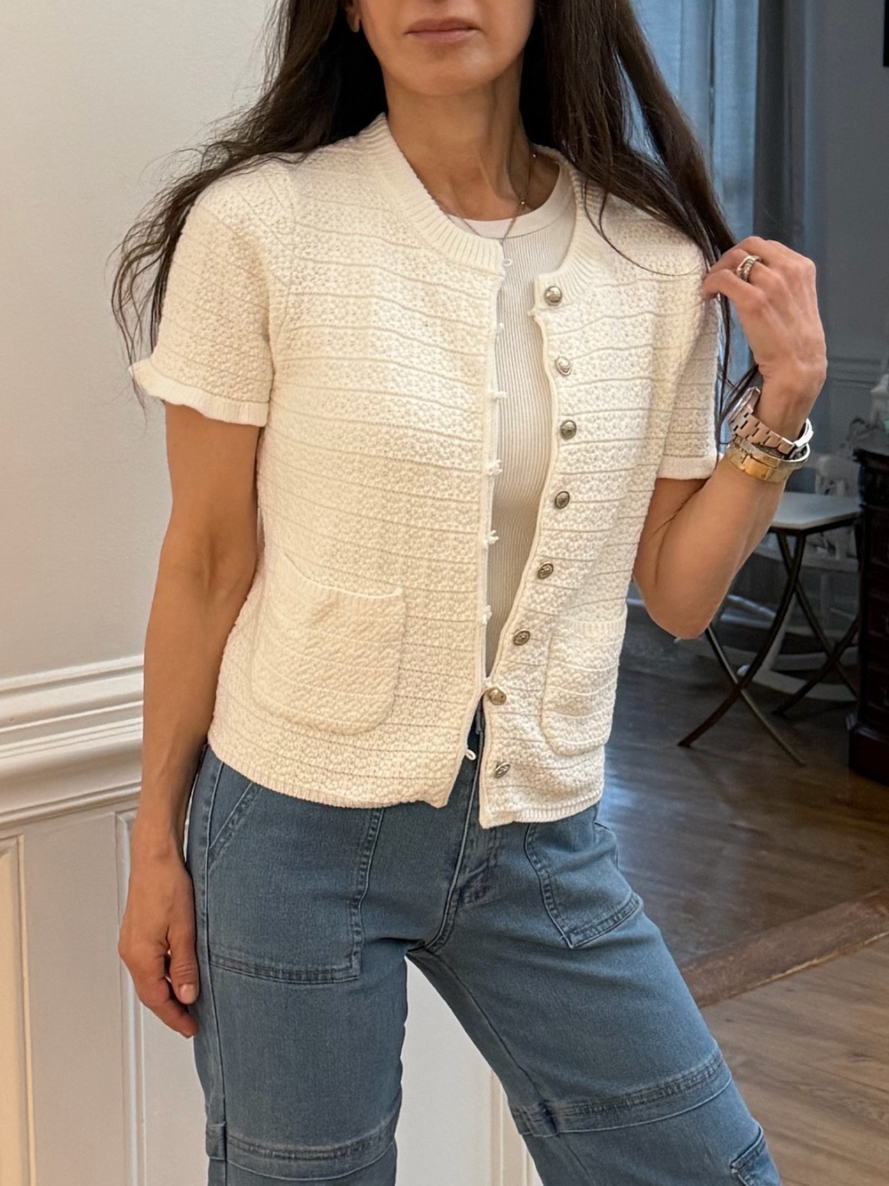 ShopEvelynne Cream Short-Sleeve Textured Knit Cardigan